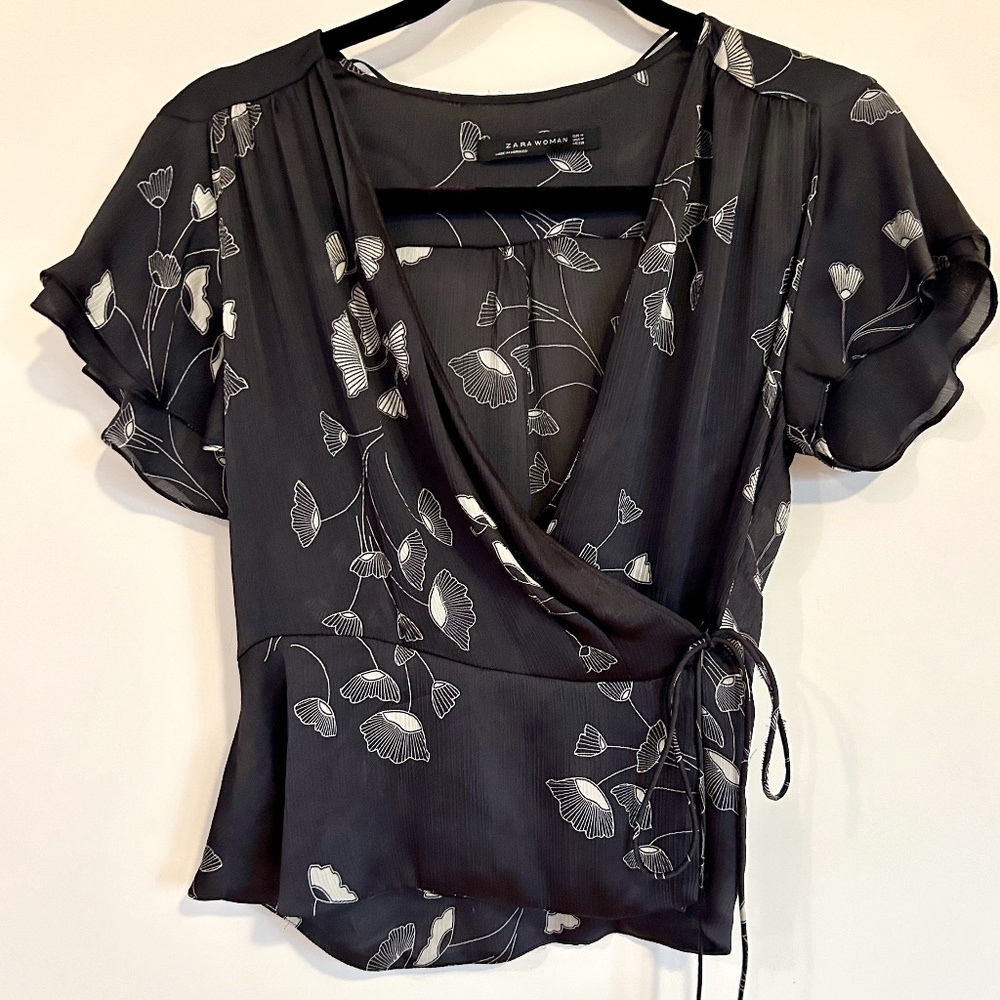 Zara Black Floral Wrap Top, Size M
